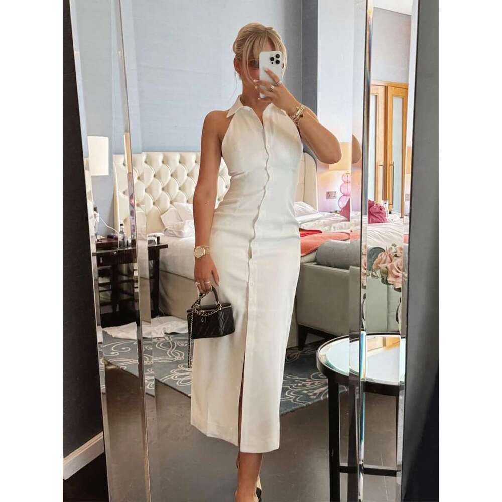 Designer Women's Clothing White Chic Slim Dresses Summer Single Sleeveless Midi Dress Elegant Fashion Vestidos Bag