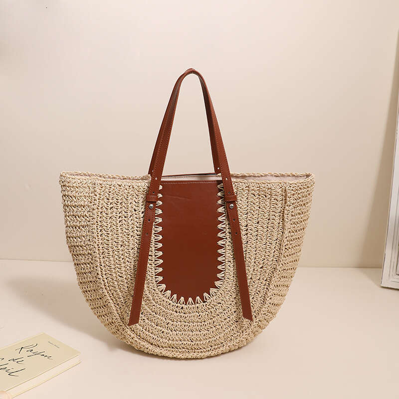 Ins Style Resort Beach Bag Half Circle Large Capacity French Single Shoulder Grass New Niche Splicing Hand Held Woven Bag Women S Beach Vacation Sand 