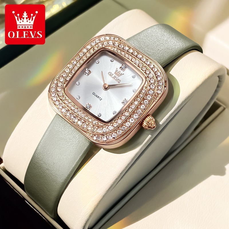 OLEVS Brand Designer Women's Casual Luxury Square Diamond Ring Fashionable Leather Strap Quartz Waterproof Luminous Women's Watch Free Deliv