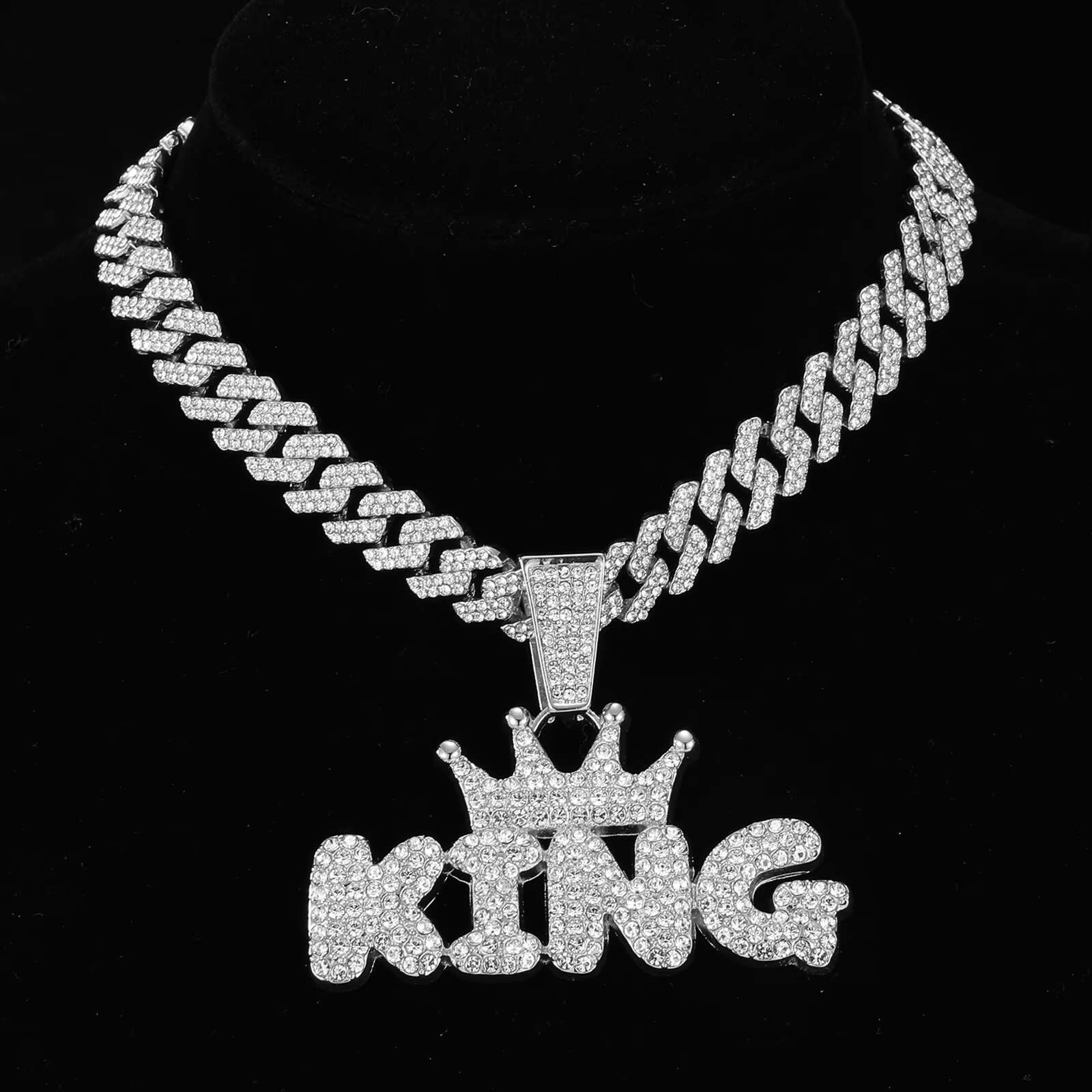 2023 Iced Out Cuban Chain Prong Chain Tennis Chain with Alloy and Bling Rhinestone Hip Hop King Letter Pendant Necklace