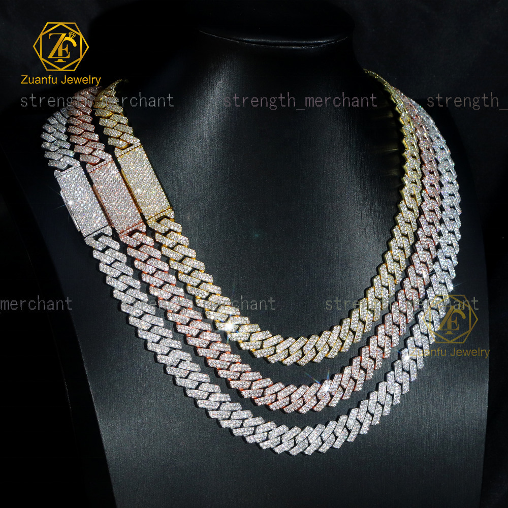 New Hot Sale Rose Gold 12mm Cuban Link Chain 925 Sterling Silver Moissanite Hip Hop Iced Cuban Link Chains for Men