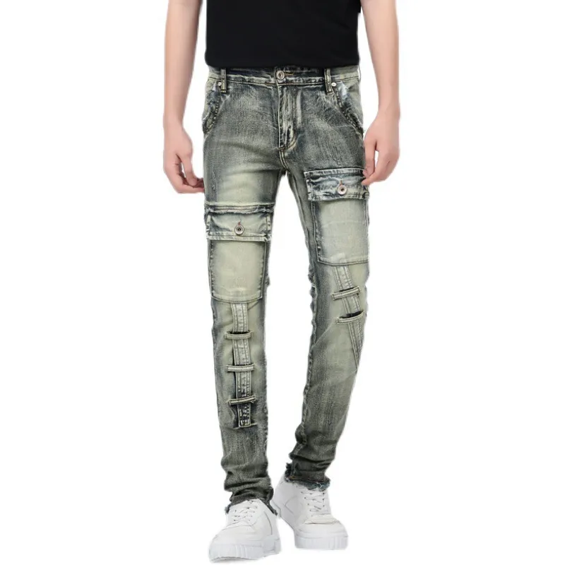 CNLONGBIDA Men's Stacked Jeans Denim Jean Regular Fit Patch Distressed Destroyed Straight Clothes Casual Pants Streetwear Style