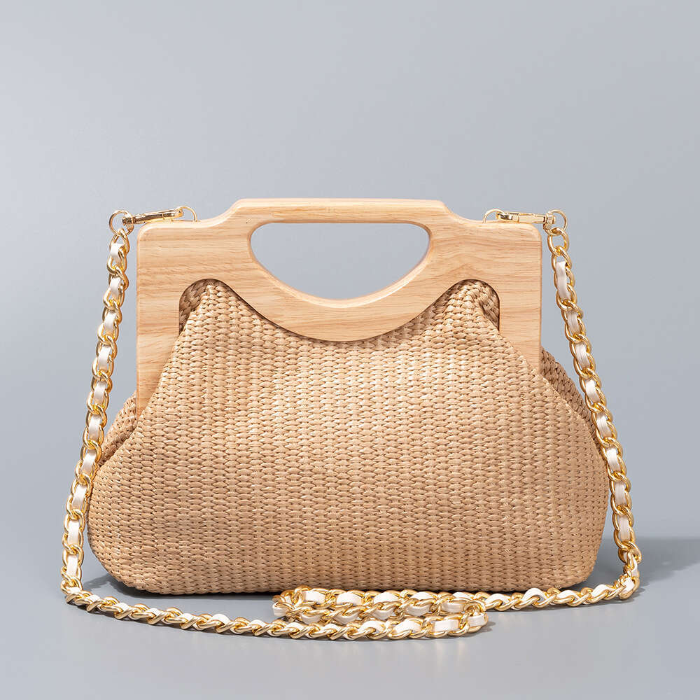 Ins Style Resort Beach Bag ENSPT Wooden Handle Grass Woven Vacation Handbag Beach Crossbody Shoulder Bag Women KQ