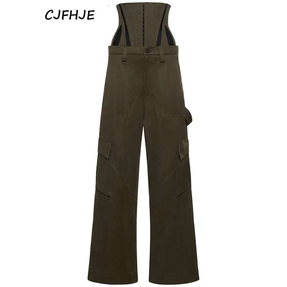 CJFHJE New Women Wide Leg Korean Fashion High Waist Two Piece Detachable Corset Boning Loose Fit Unisex Olive Cargo Pants