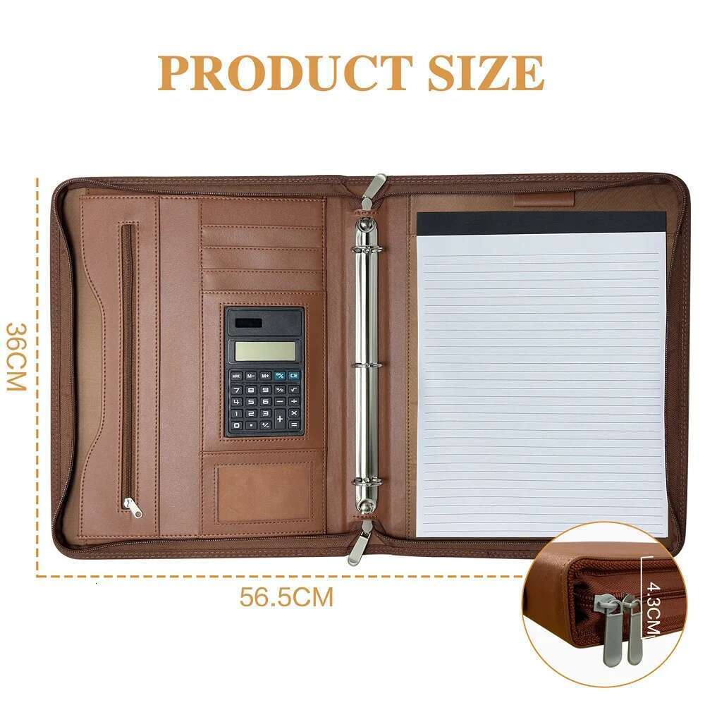 Portfolios 3-Ring Leather Business Folder Binder A4 Zippered With 10 Inch Tablet Sleeve Slot Solar Calculator Card Stora