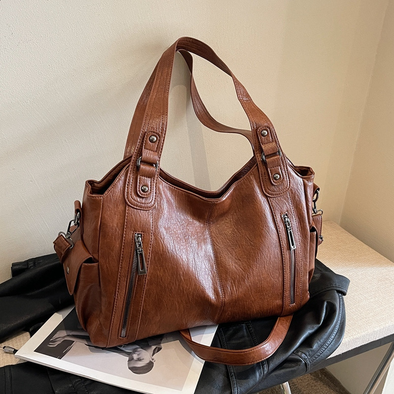 PU leather commuting fashionable retro casual handbag Maillard fashion cross body bag womens texture large capacity temperature 240913