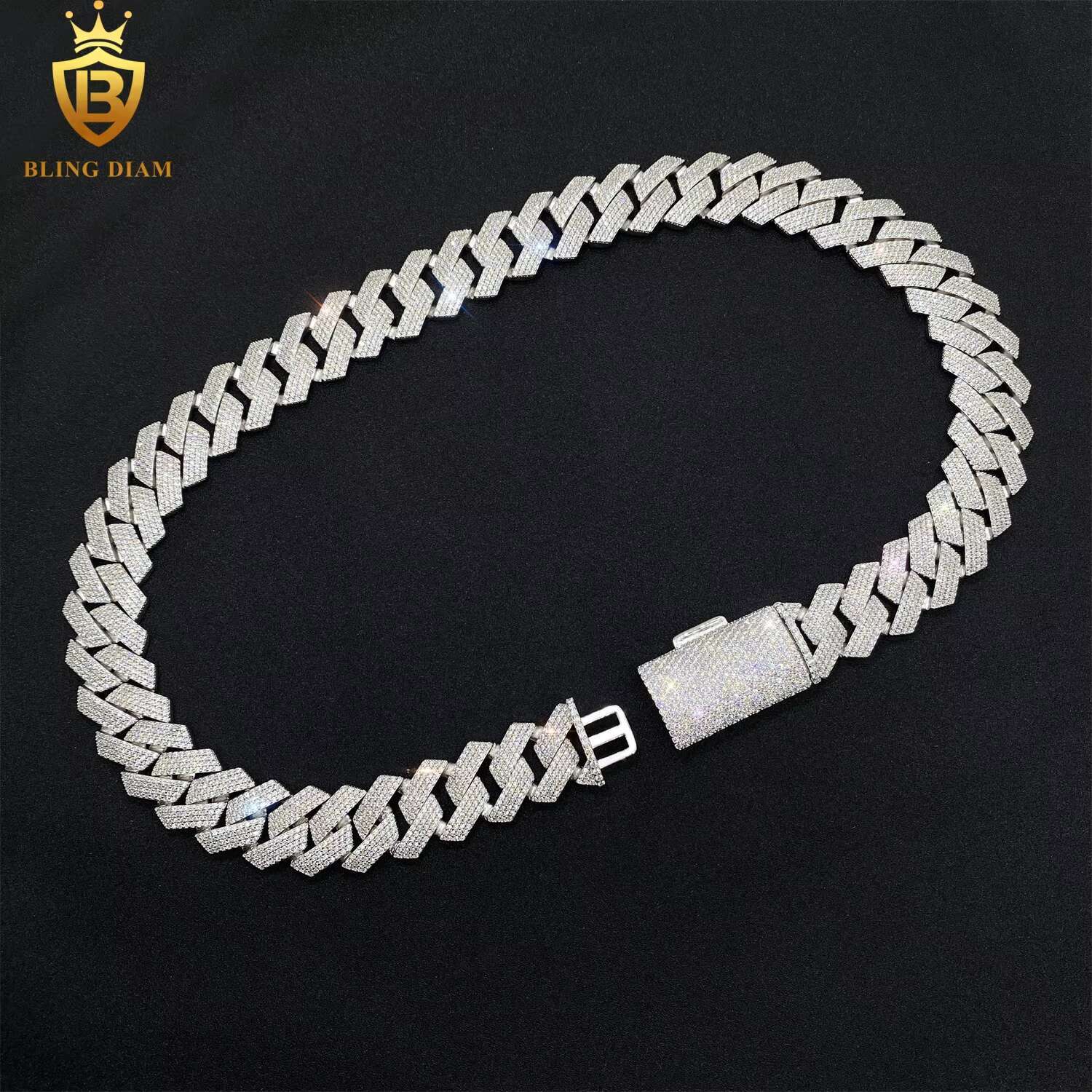 New Design 20MM Moissanite Cuban Chain Necklace High Quality Round Brilliant Cut Dia Sier