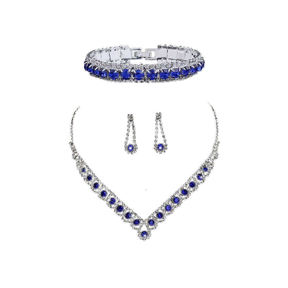 Bridal Jewelry Set Of Four Blue Zircon Necklaces, Earrings, Bracelets, Satin Hot Diamonds, Handheld Bag, Dinner Bag