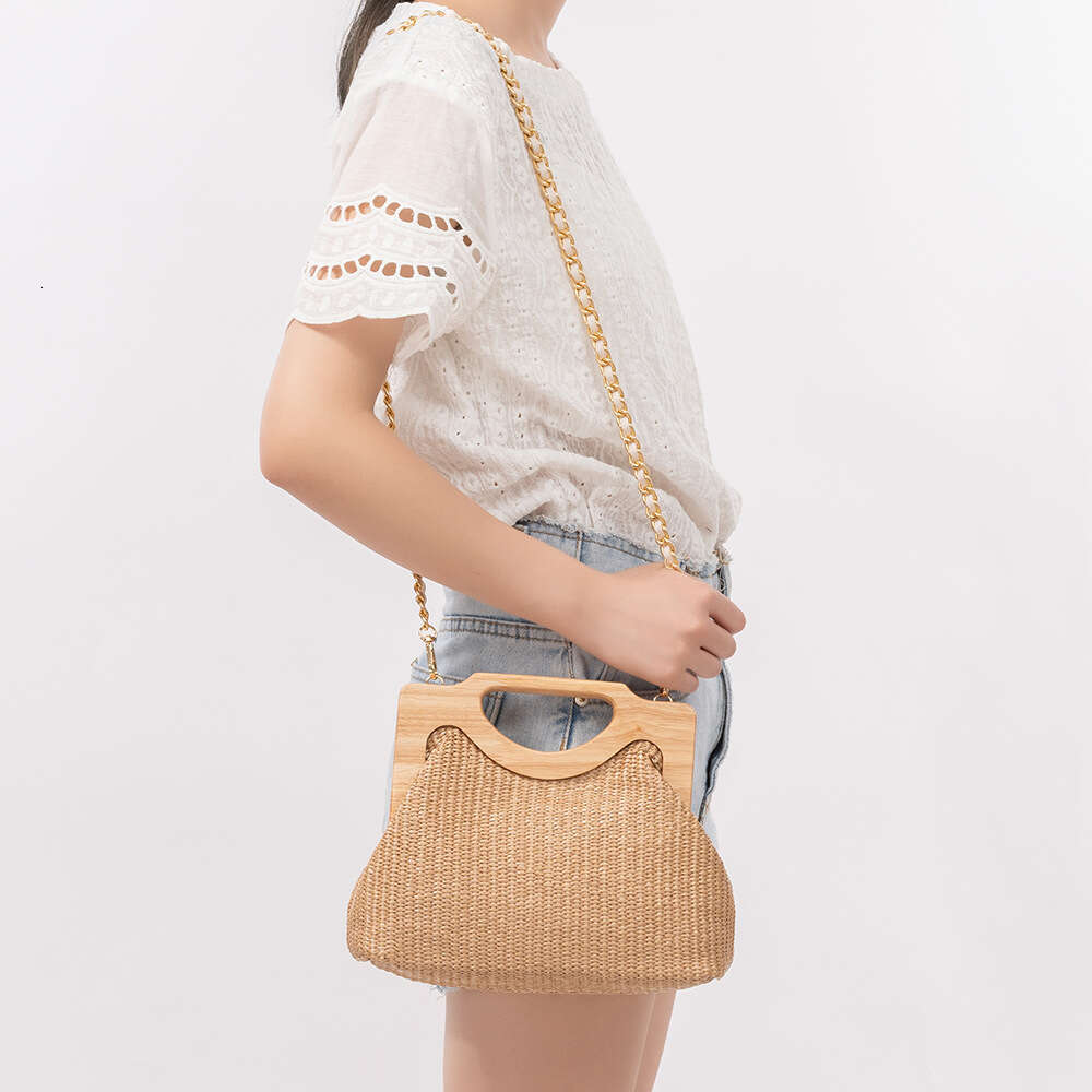 Ins Style Resort Beach Bag ENSPT Wooden Handle Grass Woven Vacation Handbag Beach Crossbody Shoulder Bag Women KQ