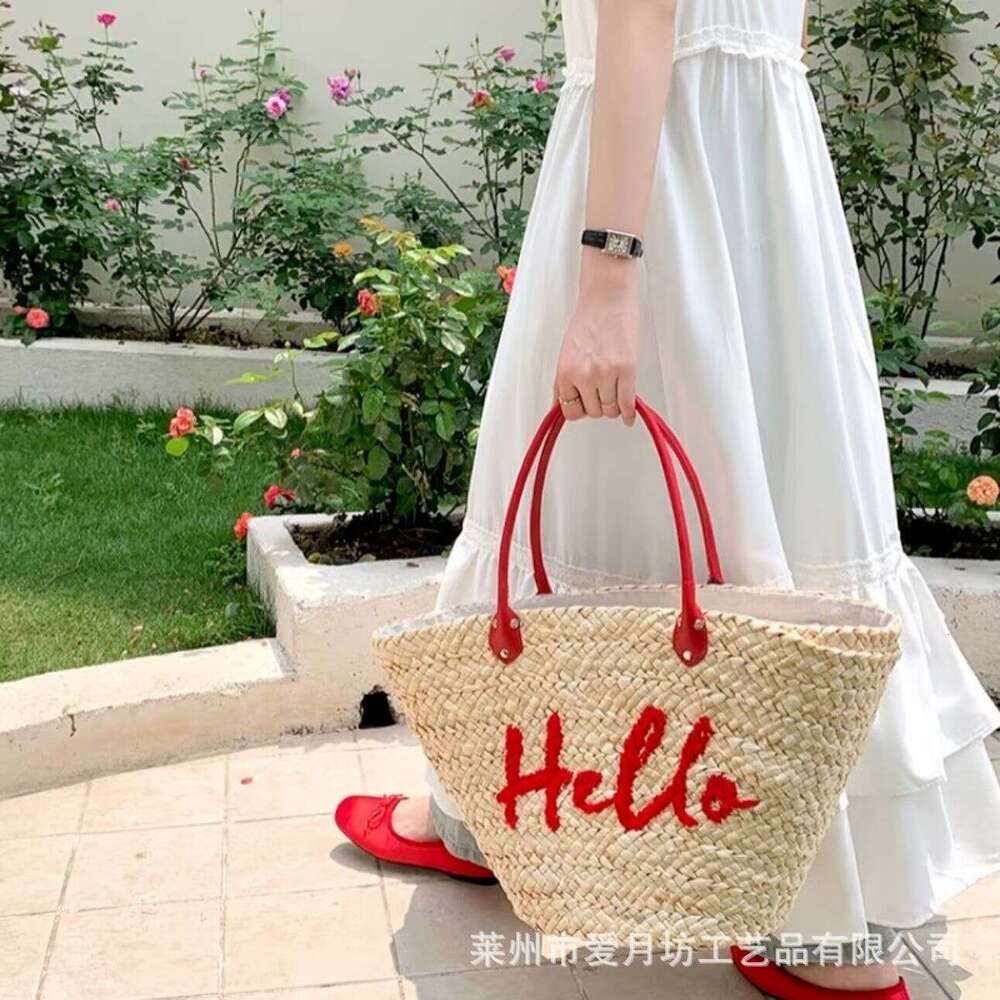 Ins Style Resort Beach Bag Korean Dongdaemun High Ding HELLO Letter Single Shoulder Straw Woven Large Capacity Seaside Vacation Beach Tote Bag KQ