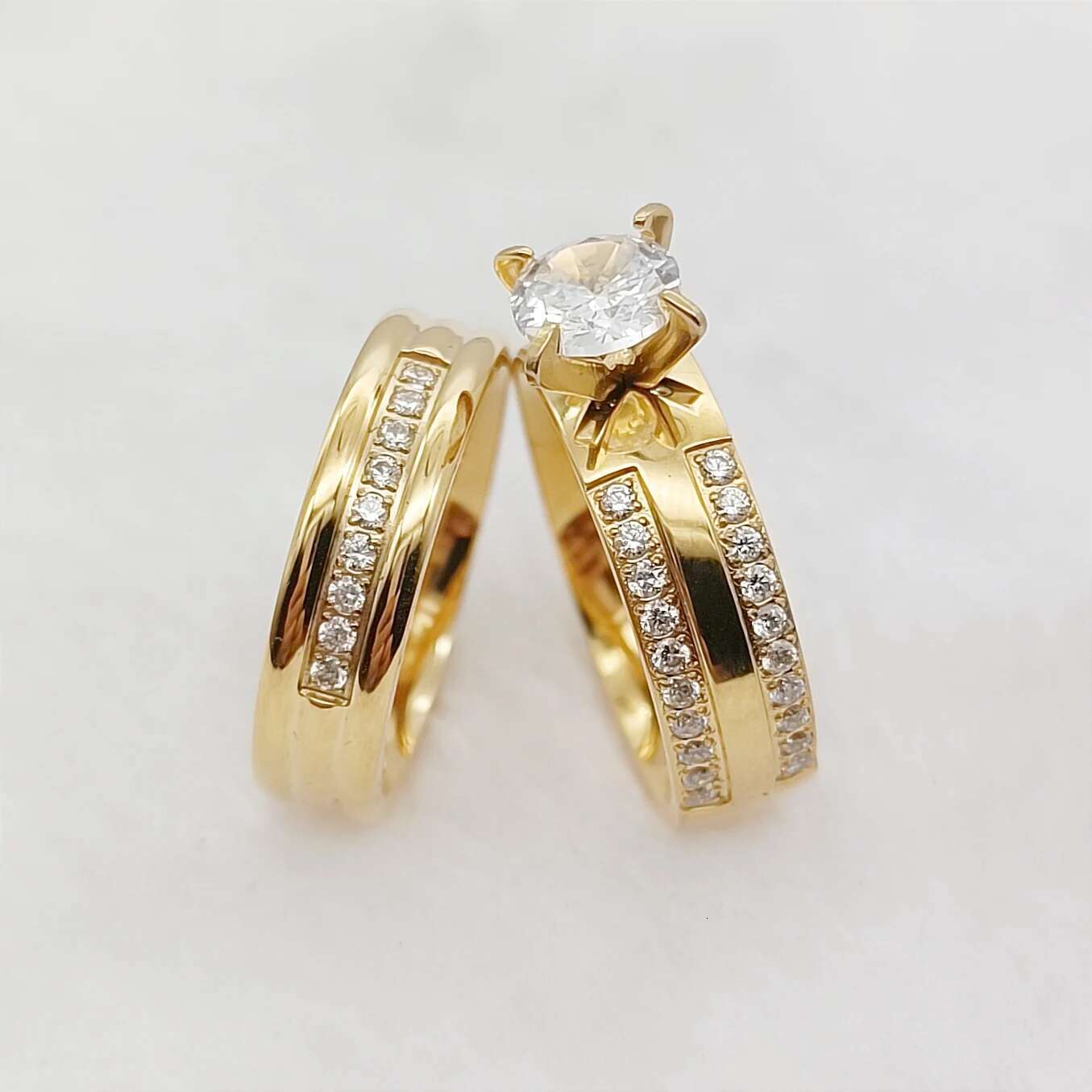 24k Gold Filled 316L Stainless Steel Jewelry Cz Diamond Wedding Rings Sets for Women Girls Ladies Engagement Statement Gifts