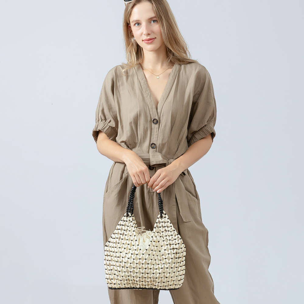 Ins Style Resort Beach Bag Holiday Hand Woven Women S Beach Wooden Bead Bag Leisure Travel Handbag Shoulder Bag KQ
