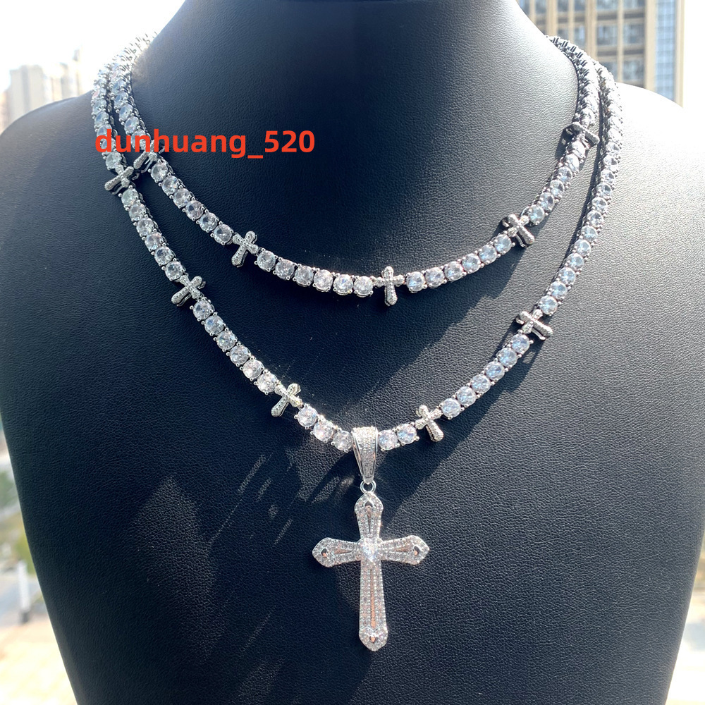 Hip Hop Full Diamond Cross Pendant With Tennis Chain Iced Out Cross Tennis Necklace for Men Rapper Jewelry Wholesale
