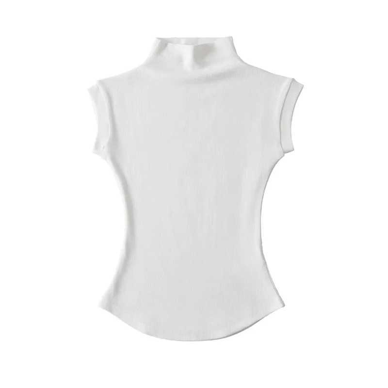 Womens Summer Sexy Turtle Neck Sleeveless T-shirt Top Pure Thin Slim Fit Pulling Shoulder Strap Three way Womens Street Clothing Basic Three way M2504