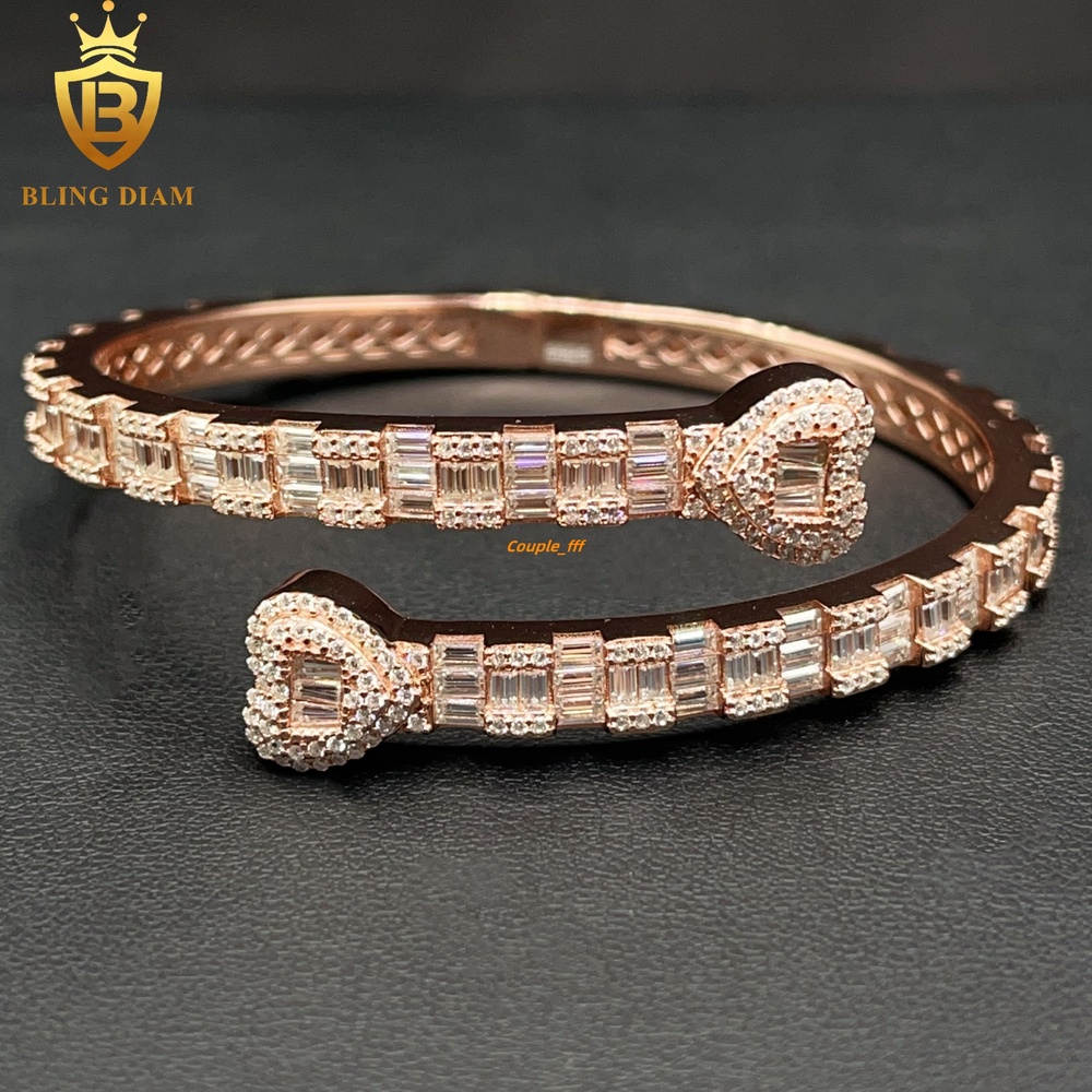 5.8mm Heart Design Fashion Jewelry Open Bracelet 925 Sliver Iced Out Baguette Moissanite Bracelets