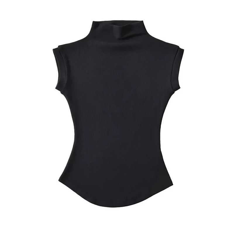 Womens Summer Sexy Turtle Neck Sleeveless T-shirt Top Pure Thin Slim Fit Pulling Shoulder Strap Three way Womens Street Clothing Basic Three way M2504