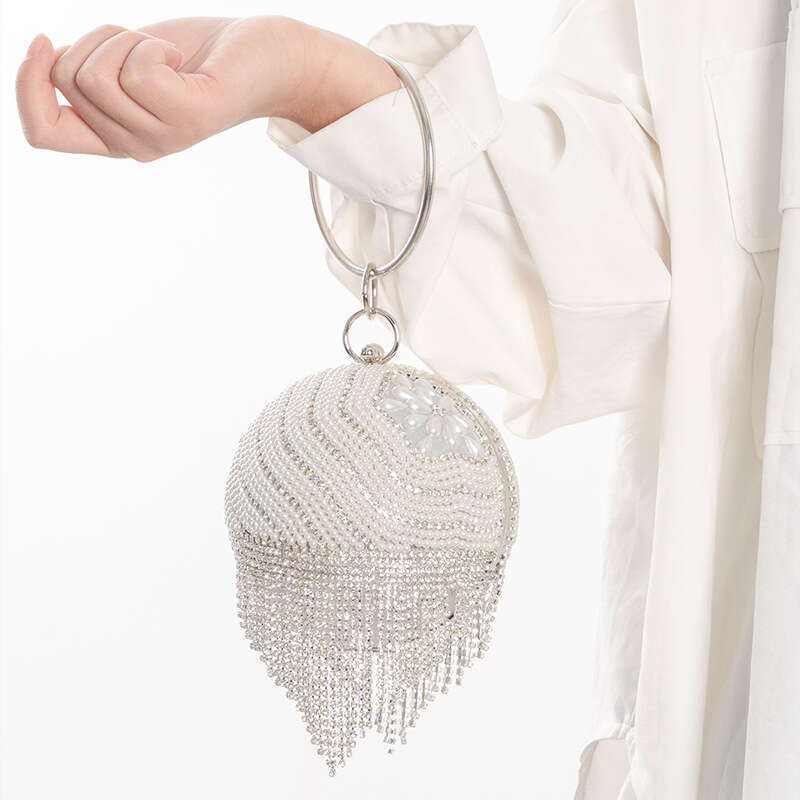 Spherical Pearl Rhinestone Tassel Banquet Small Bag, Fashionable Socialite Versatile Dress Handbag
