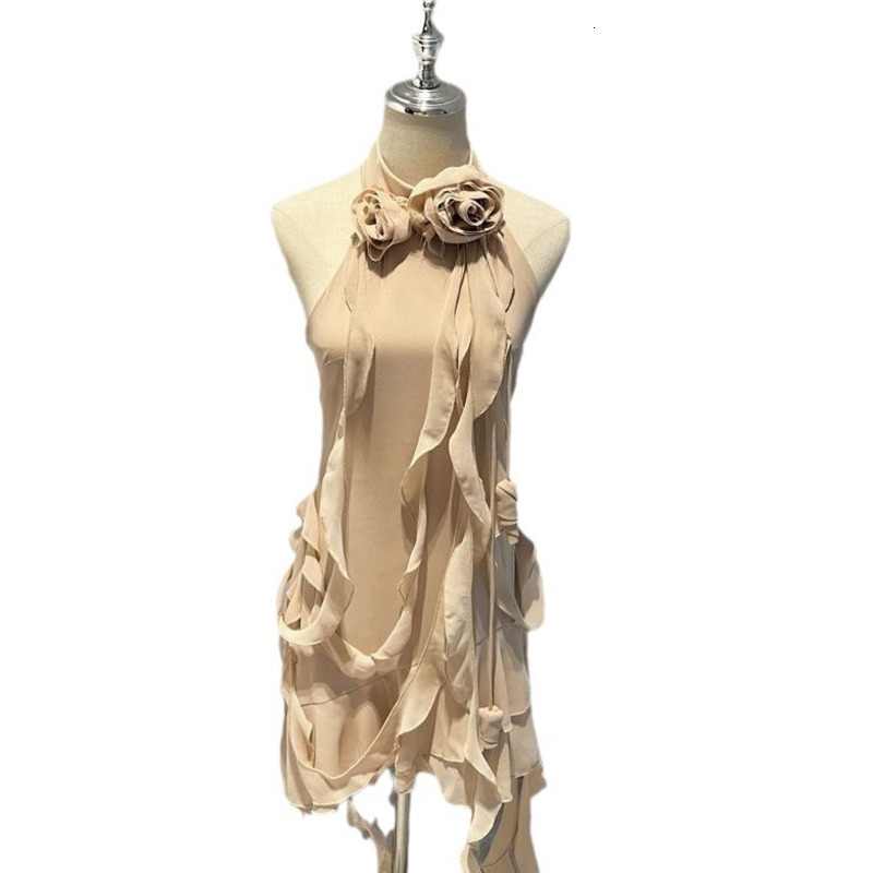 The Same Style As The Current Runway Show Blum Rine Irregular Lotus Leaf Three-Dimensional Rose Neck Hanging Ribbon Dress For Women