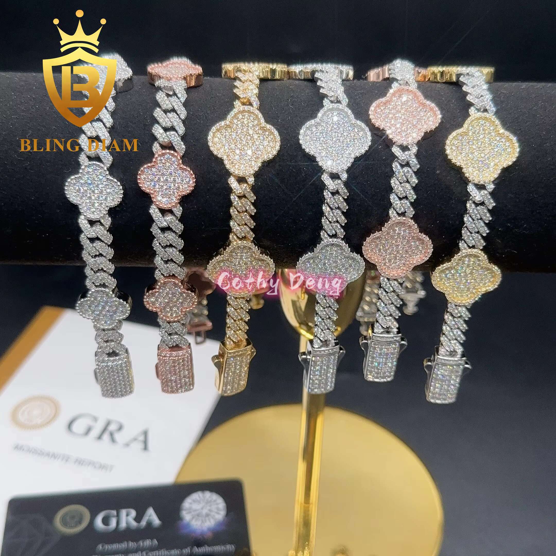 Hip Hop Jewelry Bling Cuban Link Chain VVS 925 Silver Moissanite Cuban Link Chain for Men Women Flower Cuban Bracelet