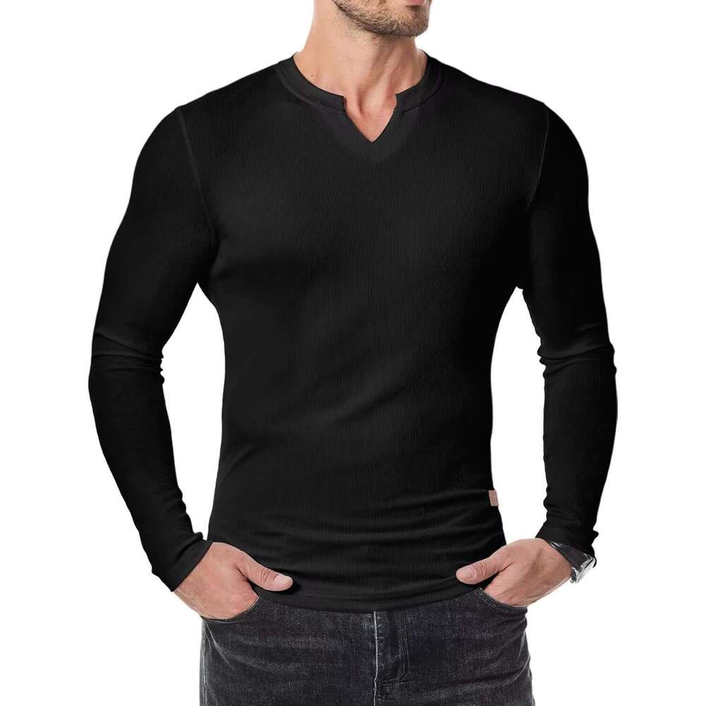 DHessentials Shewin 2025 sleeved muscle casual V-neck long ribbed men's t-shirt