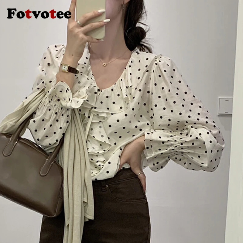FOTVOTEE Dot Shirts for Women Ruffled V-Neck Long Sleeve Chic Blouses Spring Summer 2025 Fashion Female Comfortable Shirts 250421