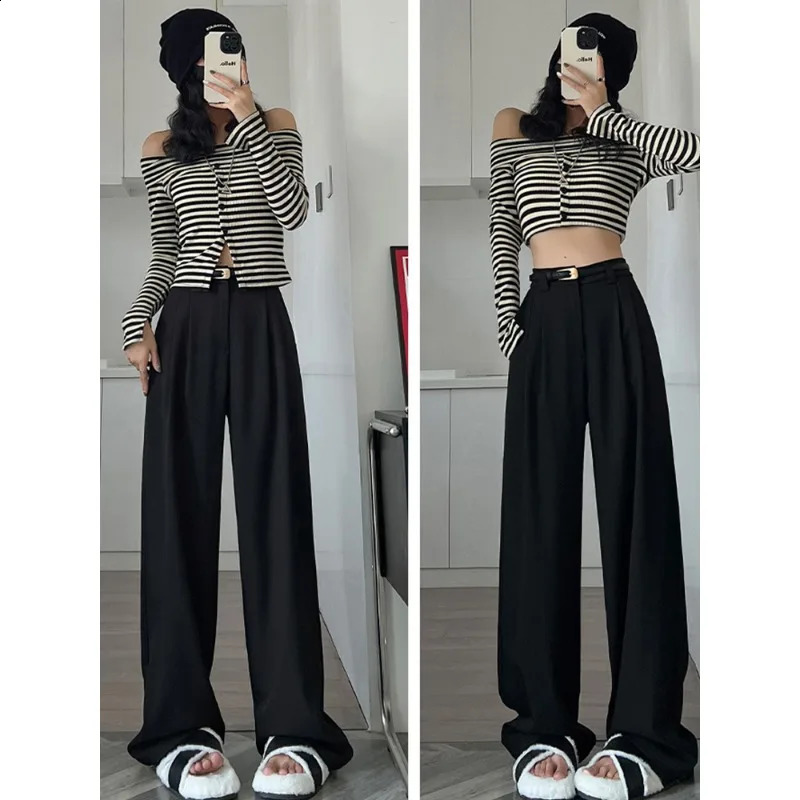Fall Winter Elegant Gray Suits Pants for Women Office Lady High Waist Wide Leg Fashion Trousers with Pockets Black Pants 250421