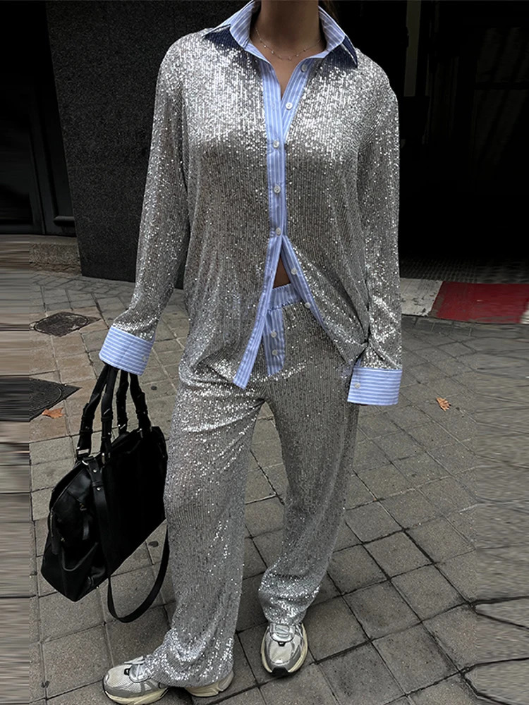 Sequin patch work shirt for women loose collared long sleeved shirt with pockets sparkling straight pants for women casual chic long pants set 250420