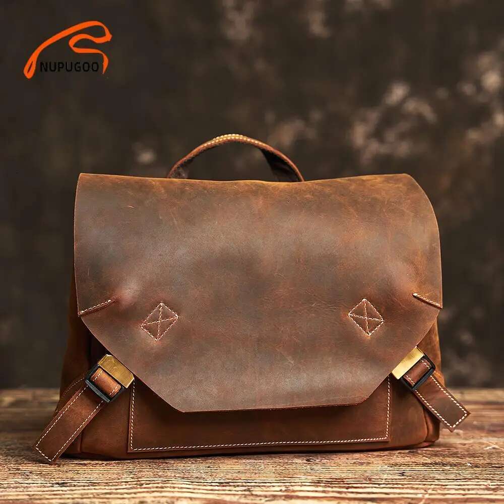 NUPUGOO Men's Genuine Leather Shoulder Retro Crossbody Messenger Daily Commuter Cowhide Large Capacity Bag