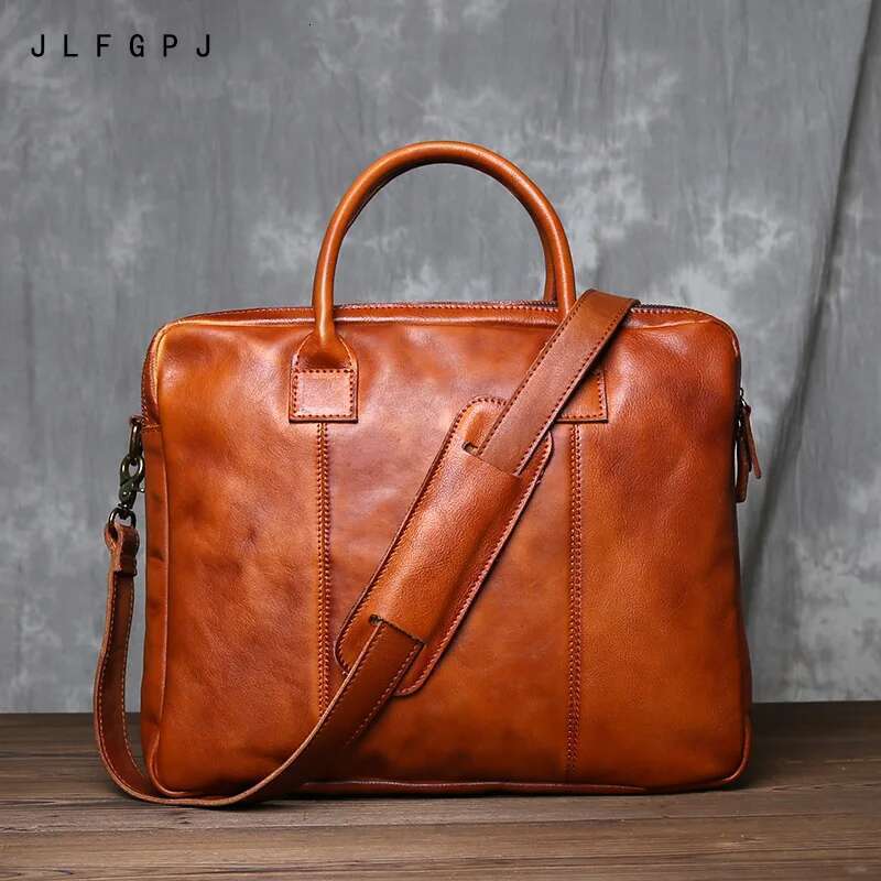 Pure Hand Rubbed Color Vegetable Tanned Head Layer Cowhide Men S Double Handbag Horizontal Genuine Leather Crossbody Briefcase Bag Bag