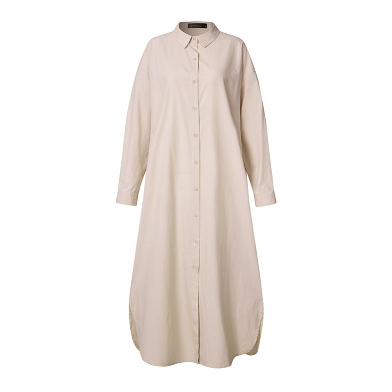 (1389) New Style Solid Color Elegant Lapel Cardigan Mid-length Dress