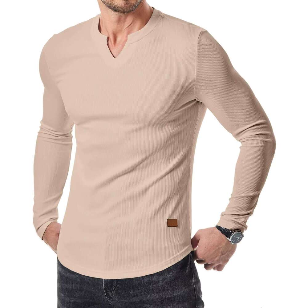 DHessentials Shewin 2025 sleeved muscle casual V-neck long ribbed men's t-shirt