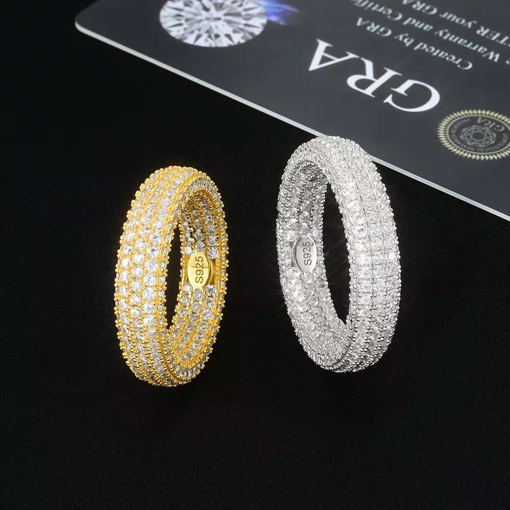 Fine Jewelry Rings Pass Diamond test 3rows VVS Moissanite Diamond Ring Hip Hop 925 Sterling Silver Gold Plated Rings