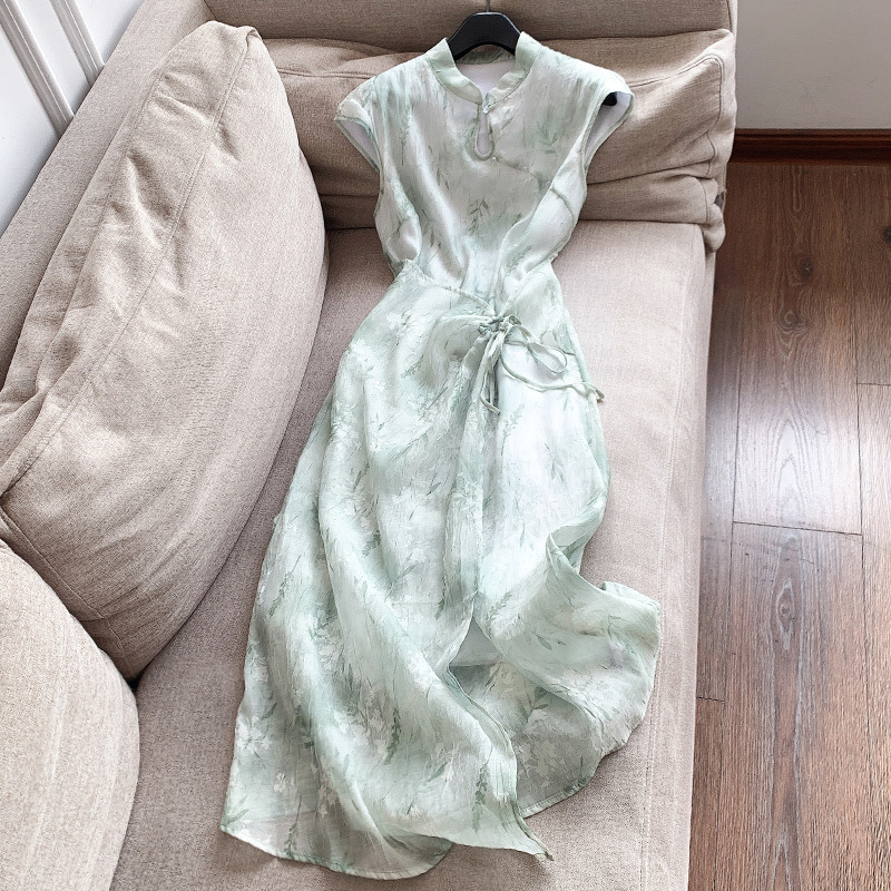 F69 Chinese style printed waist design long skirt Improved dress