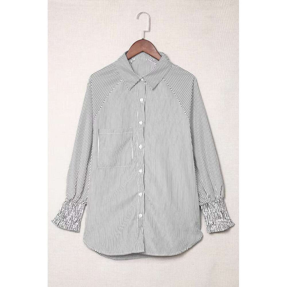 DHEssentials Women Blouse Bubble Long Sleeved Single Breasted Mid Length Shirt Cuffs Wrapped Around Striped Women's Blouses & Shirts