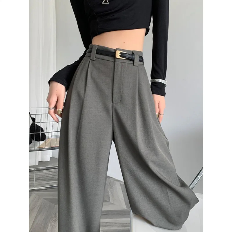 Fall Winter Elegant Gray Suits Pants for Women Office Lady High Waist Wide Leg Fashion Trousers with Pockets Black Pants 250421