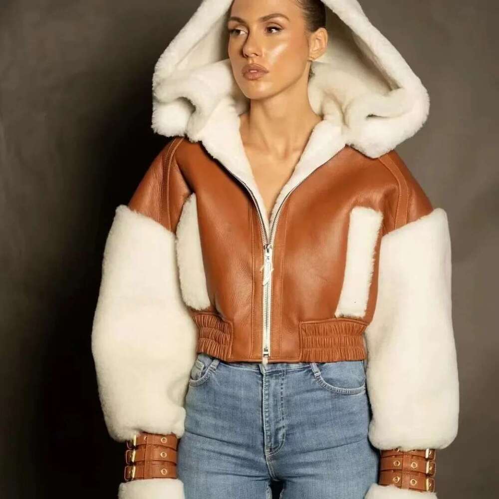 Lamb Wool Cropped Women's Winter American Style Vintage Color Blocking Hooded Motorcycle Jacket Top Thickened For Warmth