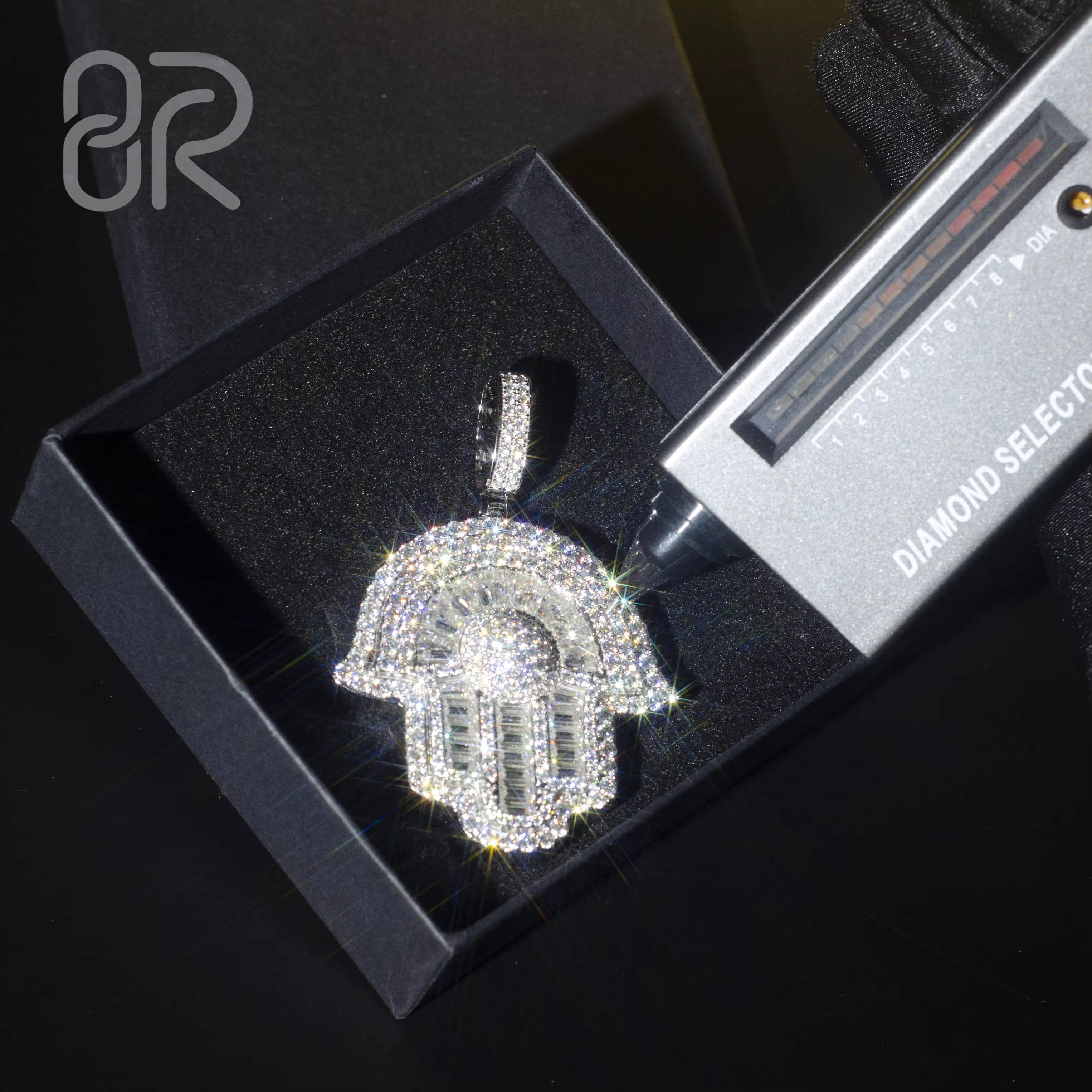 Pass Diamond Tester Wholesale Ice Out VVS Moissanite 925 Silver 15Inch Lucky Hamsa Hand Pendant Islam Hip Hop Men Necklace