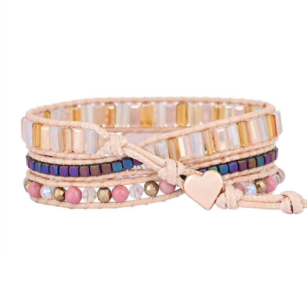 Hot selling droplet shaped powder crystal hand cowhide woven with three-layer winding bracelet