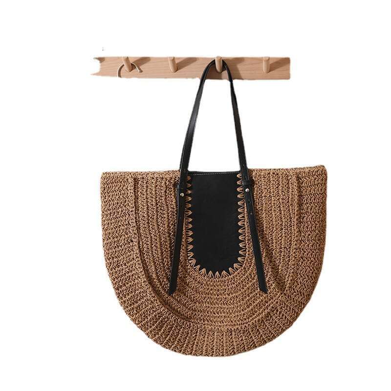 Ins Style Resort Beach Bag Half Circle Large Capacity French Single Shoulder Grass New Niche Splicing Hand Held Woven Bag Women S Beach Vacation Sand 