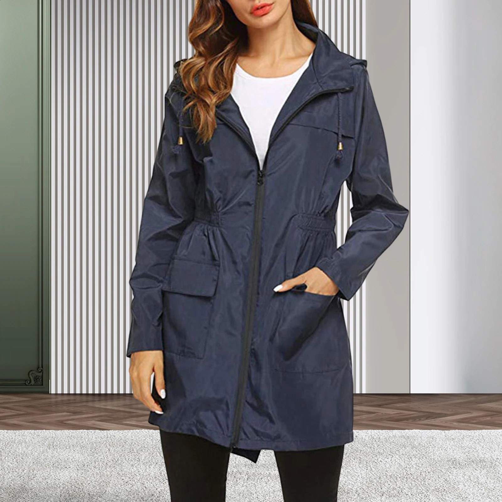 Women Zipper Hooded Raincoat Foldable and Easy to Carry Suitable for any Season and Outdoor Activities 250421