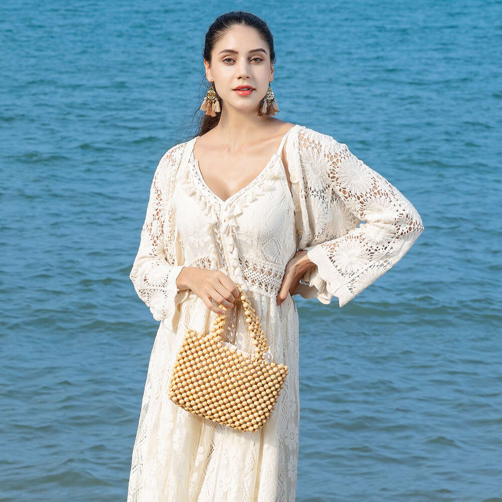 Ins Style Resort Beach Bag OLEI Handmade Woven Women Vacation Handbag Leisure Travel Beach Wooden Bead Bag For Women KQ