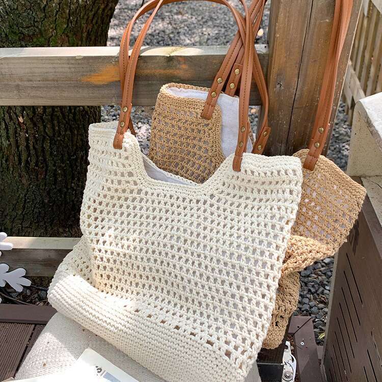 Ins Style Resort Beach Bag Literary And Artistic Vacation Style Hollowed Out Grass Women Summer Seaside Travel Lazy Woven For Commuting Large Capacity