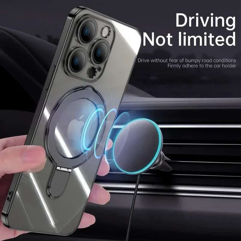 Transparent Plating Case iPhone 16 Plus 14 13 12 11 15 Pro Max For Magsafe Magnetic Ring Stand Phone Cover 07