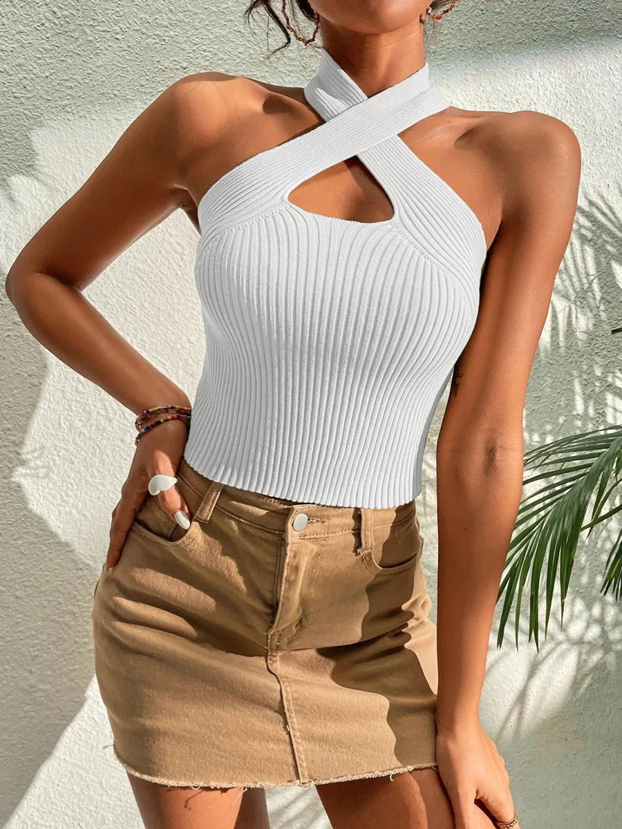 Womwen Summer Fashion Criss Cross Ribbed Knit Halter Crossfit Y2K Crop Top Clothes Femme Sexy Casual Backless Cropped Tank 250421