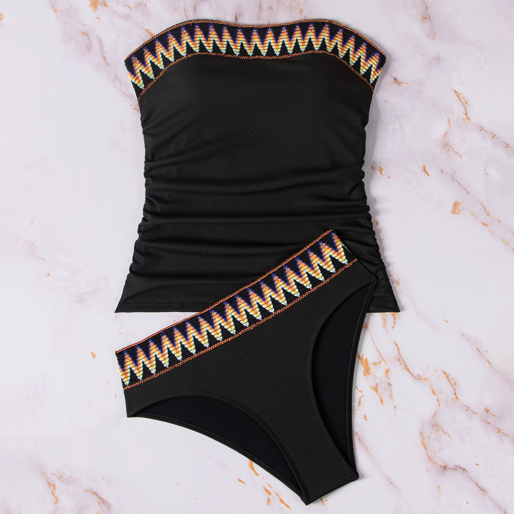 Ribbed Material Strapless Geometric Print Mesh Embellished High Waist Ruched Design Black Soft Cups Padded Tankini Set