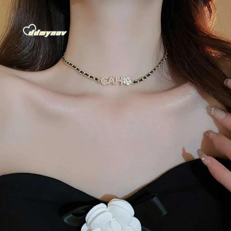 Camellia Pearl Letter Necklace - French Leather & Metal Choker for Women | Classy Designer Pendant ddmynov