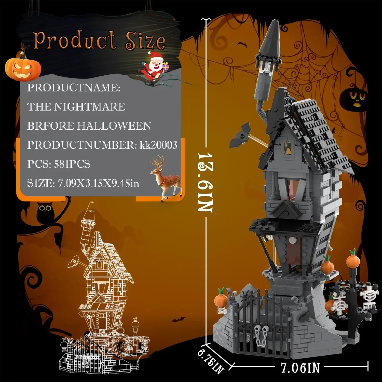 581PCS Nightmare Castle Building Blocks Ghost Skeleton Pumpkin Hut Model Educational DIY Creative Toy Holiday Gift for Kids Fans