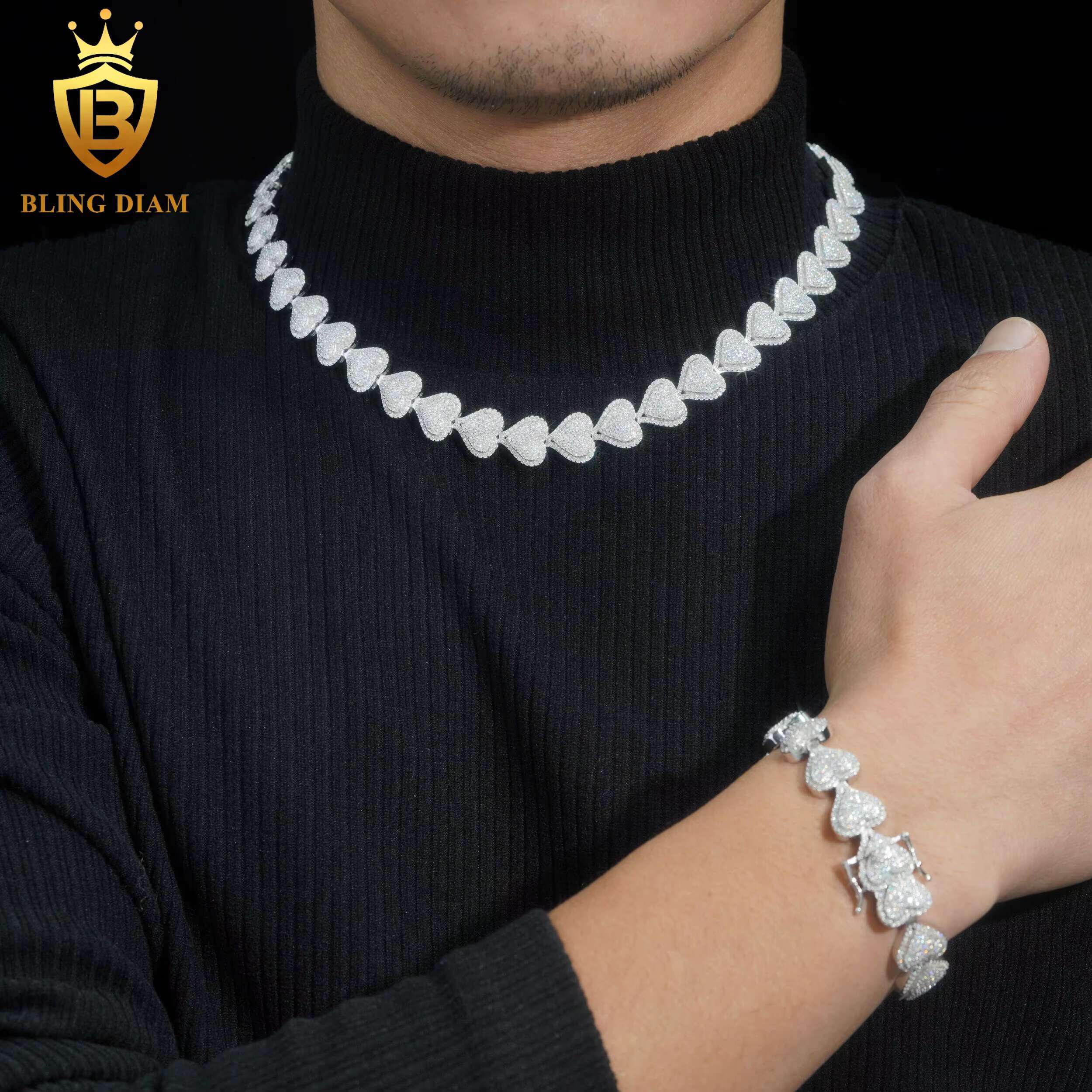 13mm New Fashion Jewelry Heart Shape 925 Silver Cuban Link Chain Cuban Moissanite Diamond Bracelet Necklace