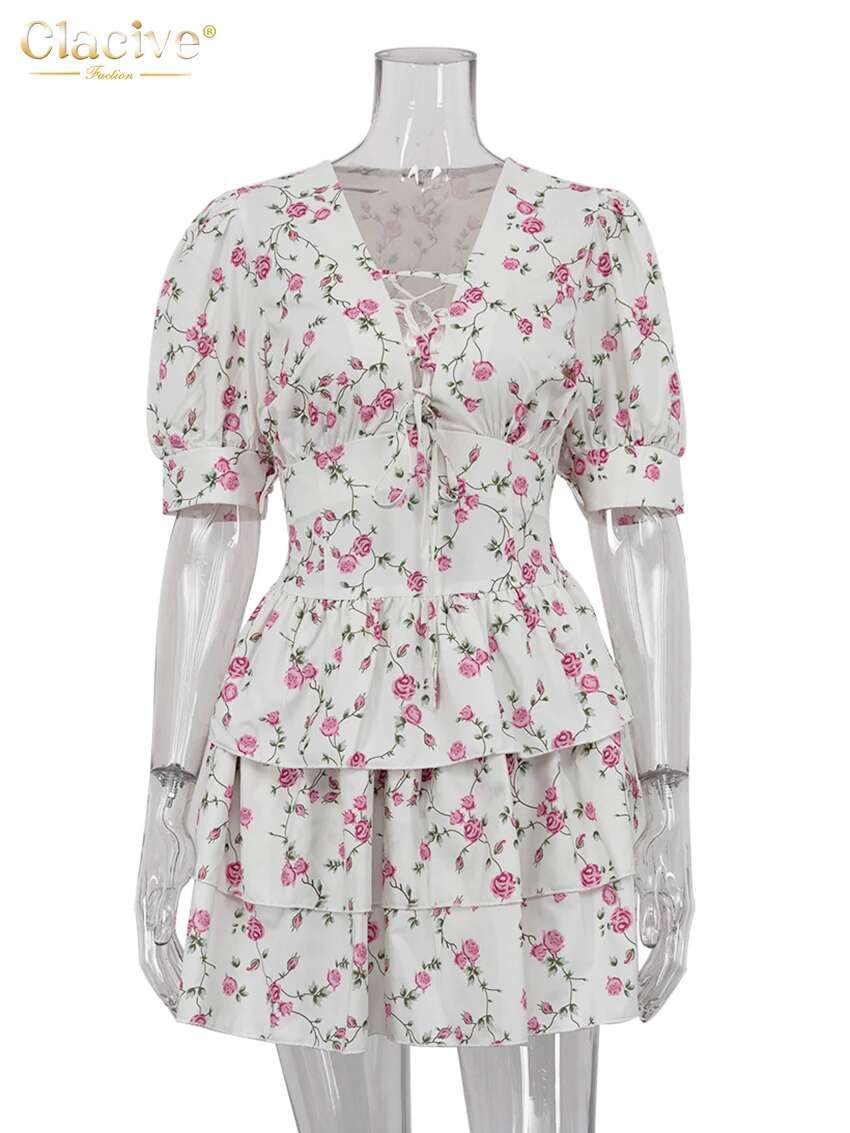 Clacive Summer Slim Print Women's Sexy V-Neck Short Sleeve Mini Dresses Elegant High Waist Pleated Female Dress