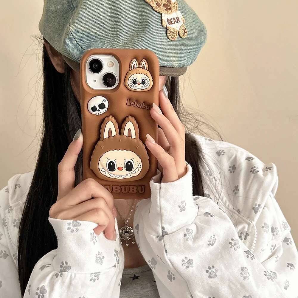 Kawaii Labubu Monsters Cover With Stand Holder Soft Silicone Case for iPhone 15 14 13 12 11 Pro Max